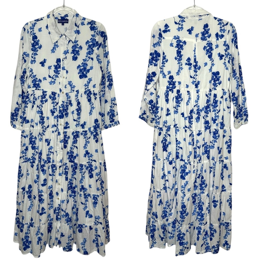 Ro’s Garden | Jinette Floral Cotton Tiered Maxi Shirtdress in Ines Blue Small - Picture 2 of 8
